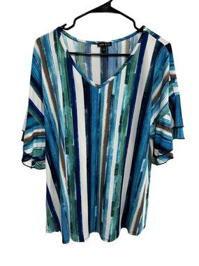 Sami & Jo Womens Ruffle Sleeve V-Neck Striped Blue Green Top Size L Boho Coastal